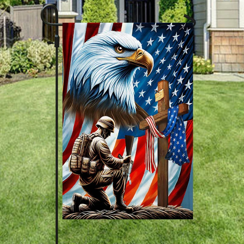 Patriotic Eagle Veteran Kneeling Soldier Christ Cross Memorial Garden Flag, House Flag