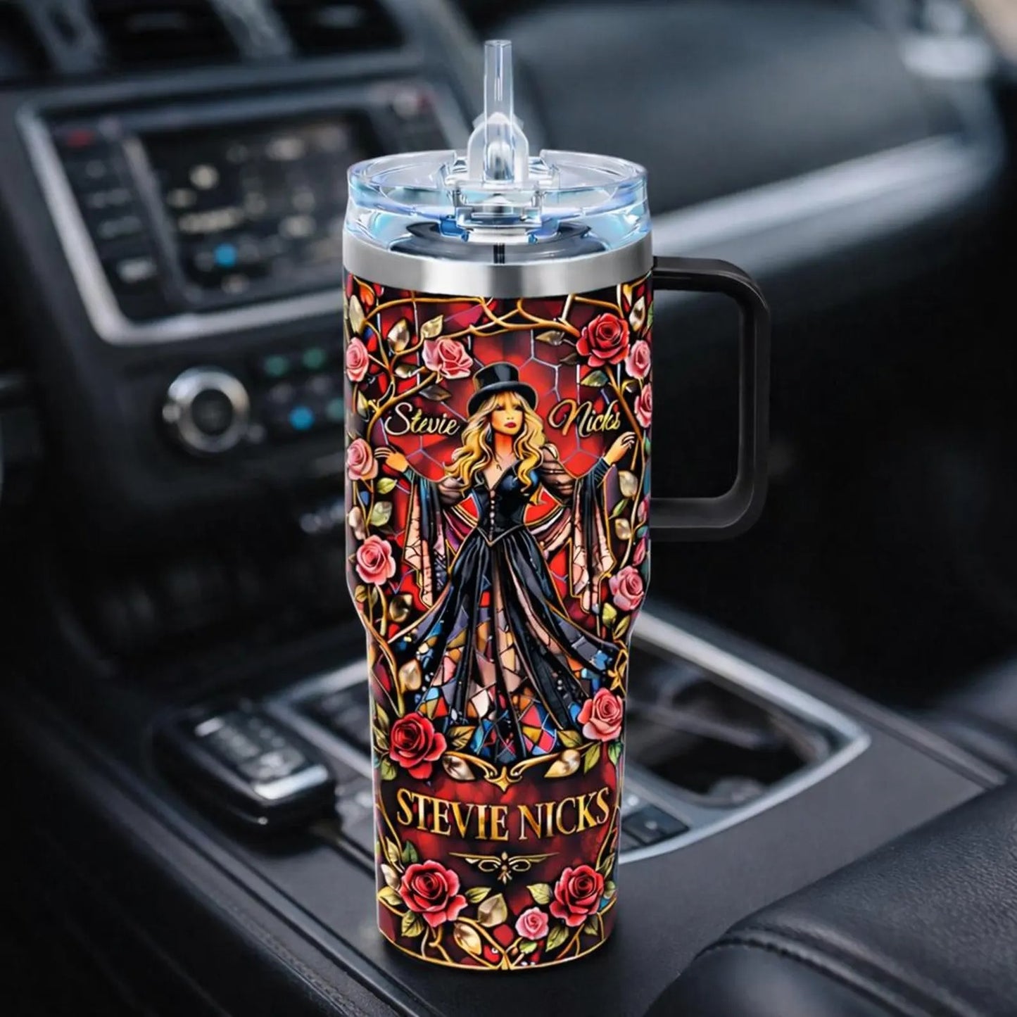 Gypsy Hippie Vintage Rock Floral Tumbler With Handle 40oz