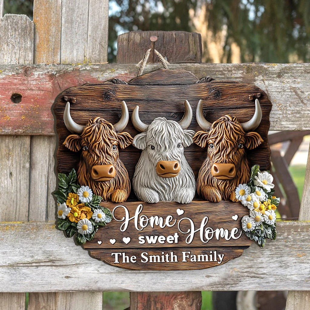 Home Sweet Home - Personalized Highland Cow Custom Shaped Wood Sign