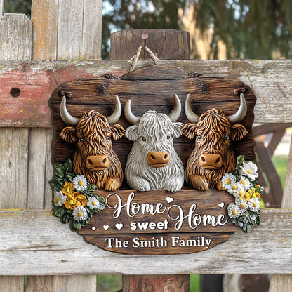 Home Sweet Home - Personalized Highland Cow Custom Shaped Wood Sign