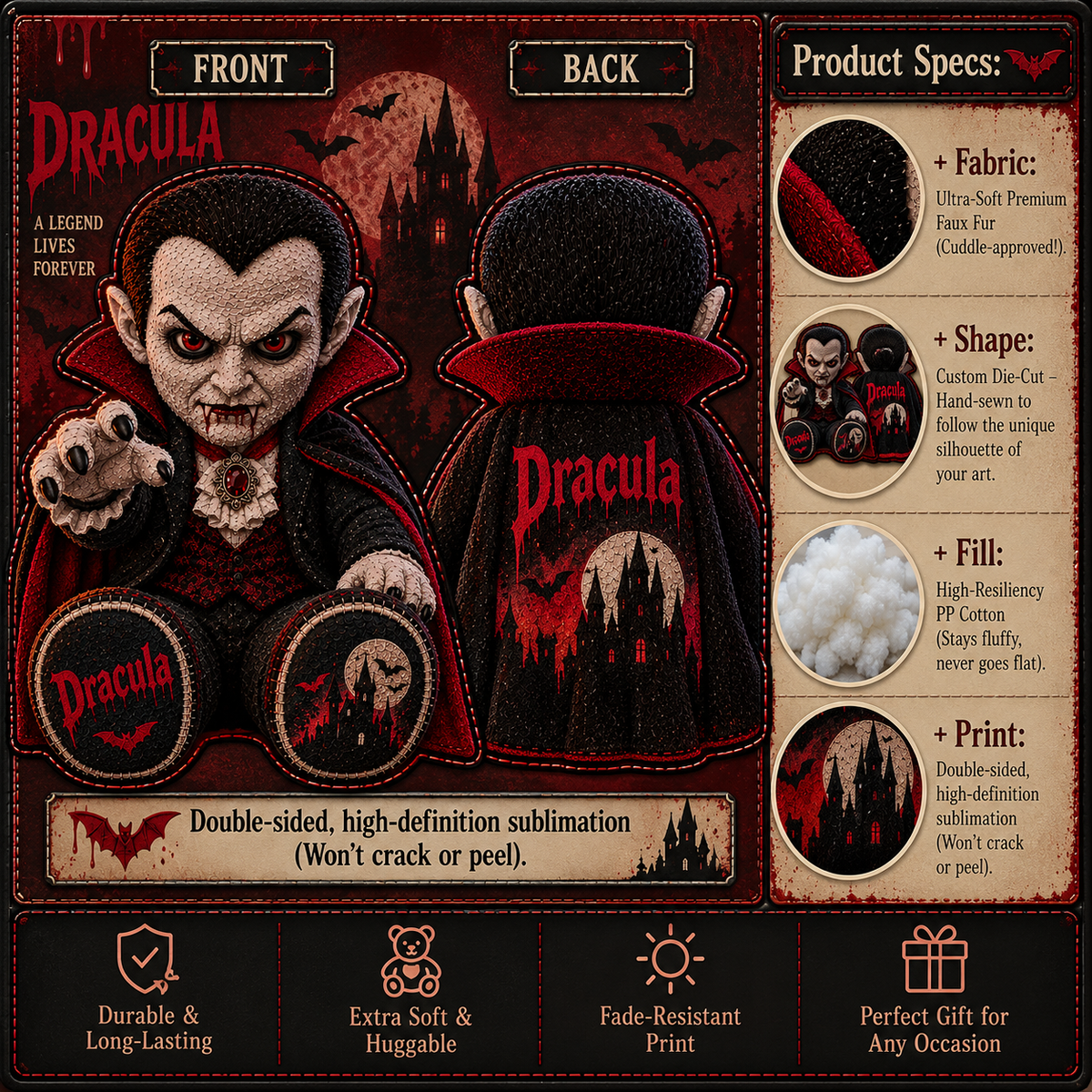 Dracula Gothic Vampire Custom Shape Pillow – Creepy Halloween Collector Gift