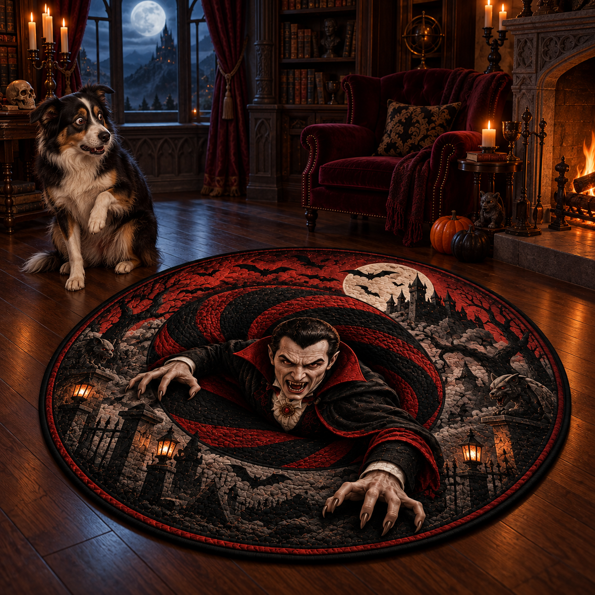 Dracula Vampire Castle 3D Illusion Halloween Round Rug
