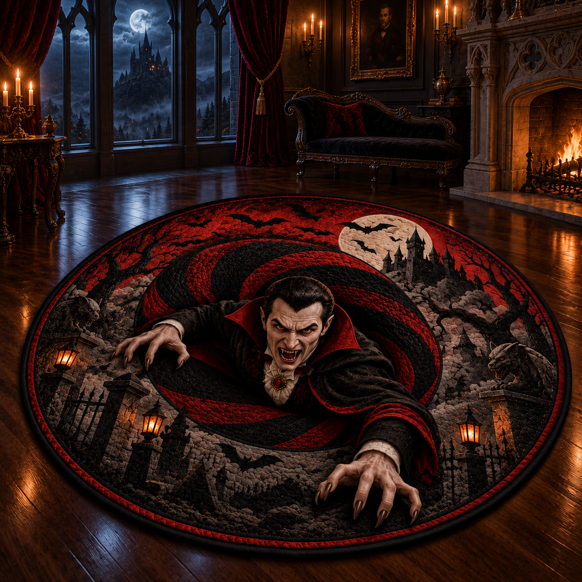 Dracula Vampire Castle 3D Illusion Halloween Round Rug