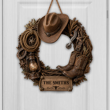 The Family Name Cowboy Wreath, Wood Sign, Gift For Family and Farmers