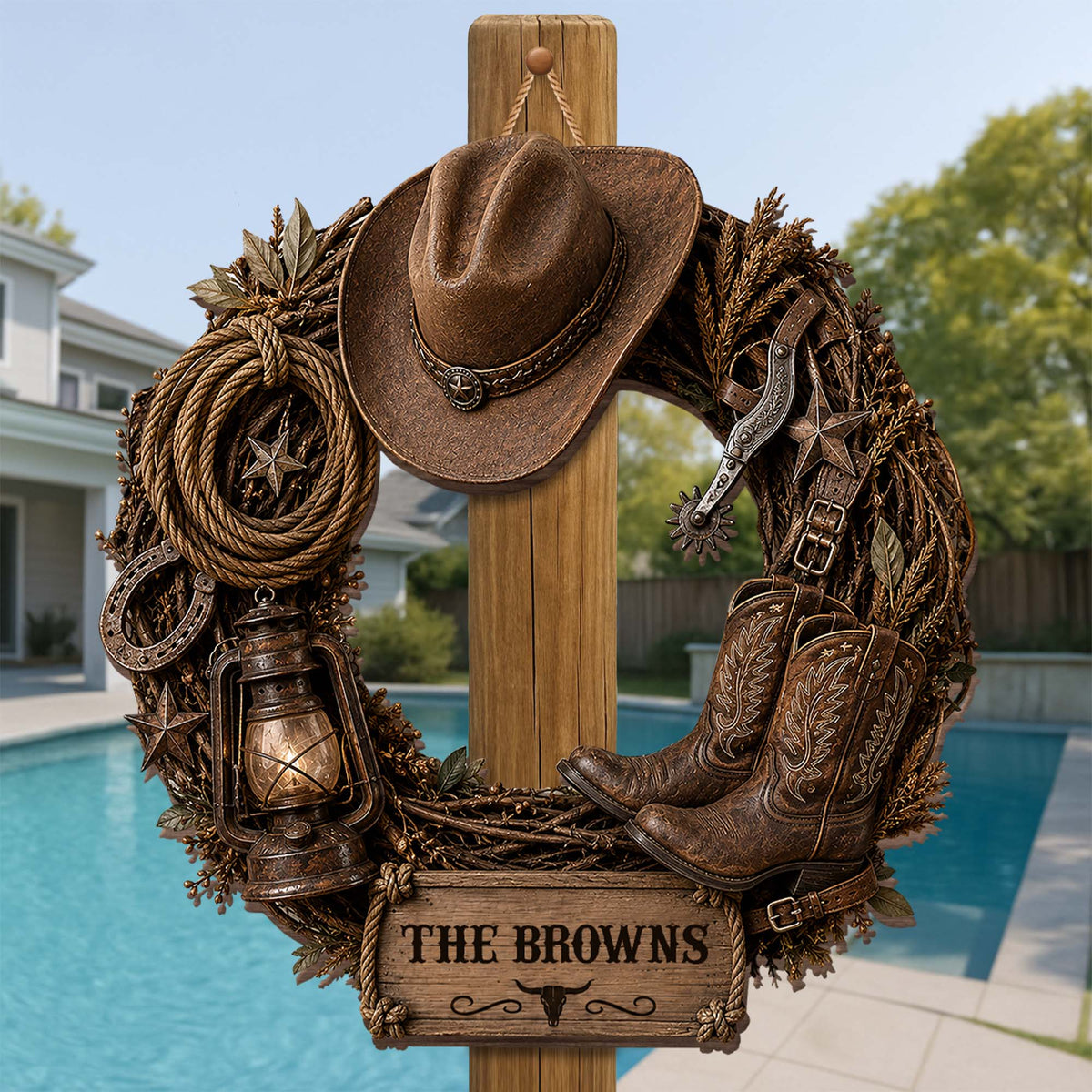The Family Name Cowboy Wreath, Wood Sign, Gift For Family and Farmers