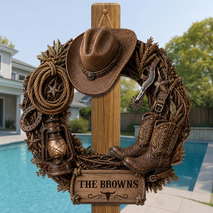 The Family Name Cowboy Wreath, Wood Sign, Gift For Family and Farmers