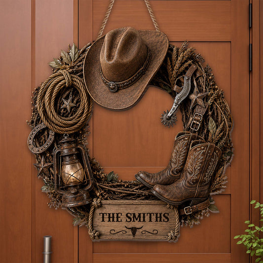 The Family Name Cowboy Wreath, Wood Sign, Gift For Family and Farmers