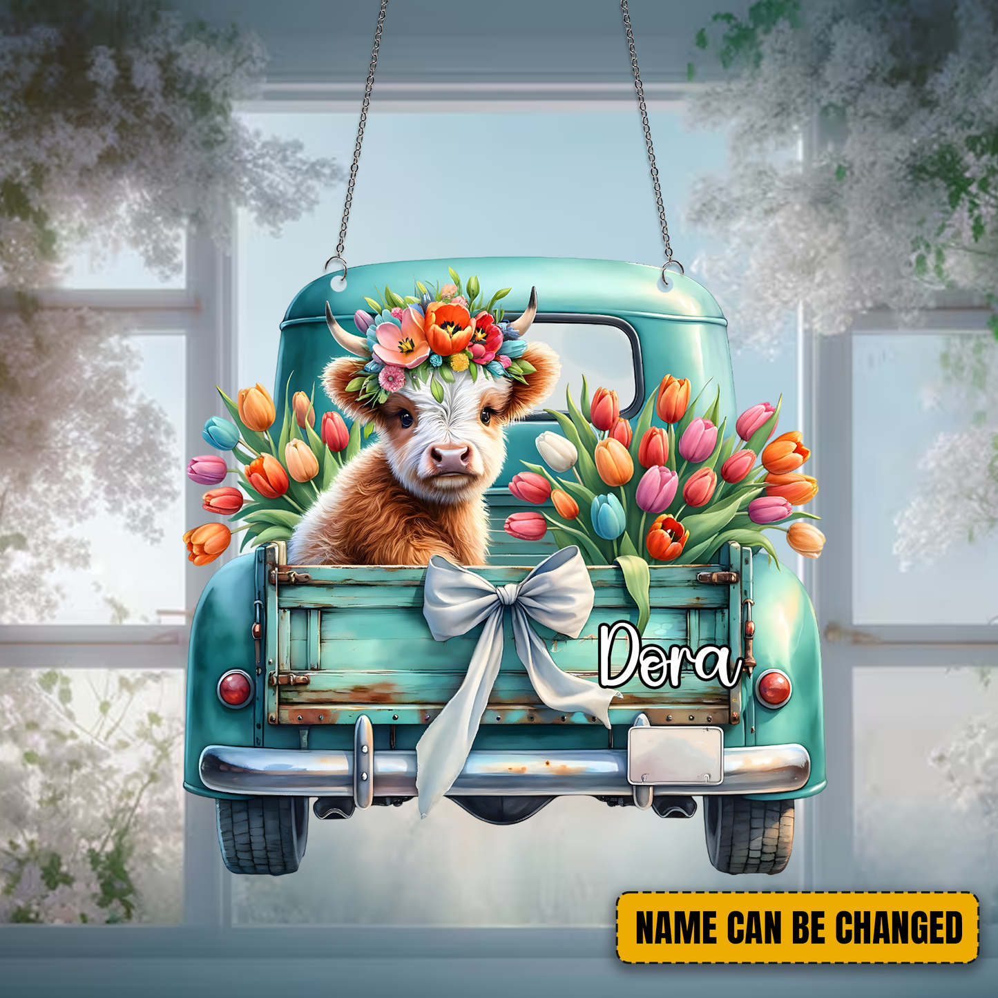Personalized Truck Highland Cow & Flower Acrylic Window