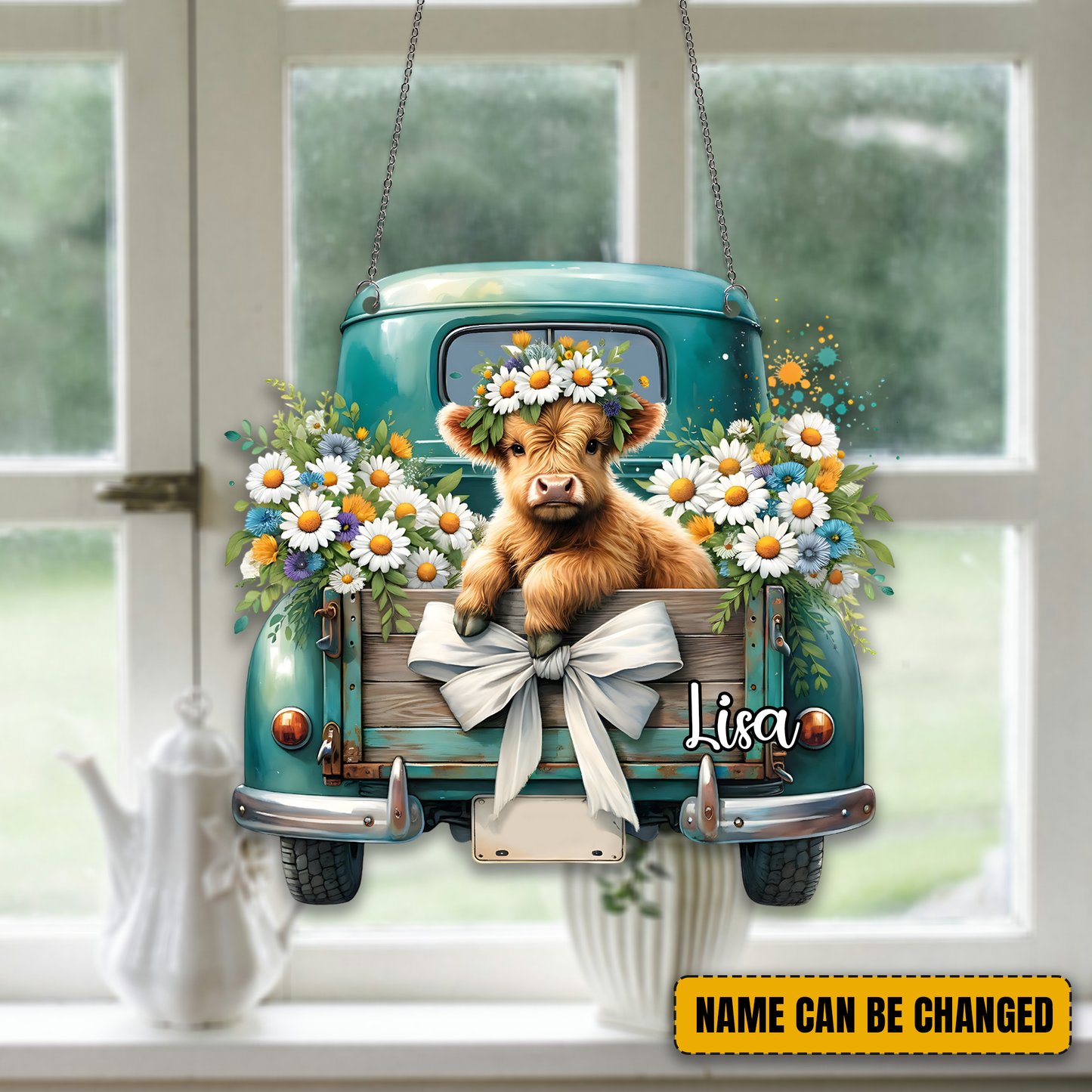 Personalized Truck Highland Cow & Flower Acrylic Window