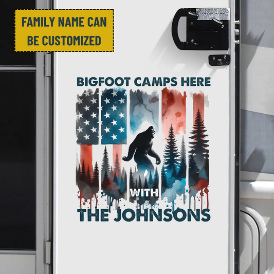 American Sasquatch Bigfoot Camps Here - Personalized Family Name Decor Decal