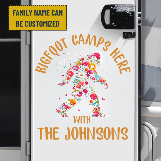 Bigfoot Camping Decal - Personalized Family Name Bigfoot Decal, RV Decal, Happy Camper