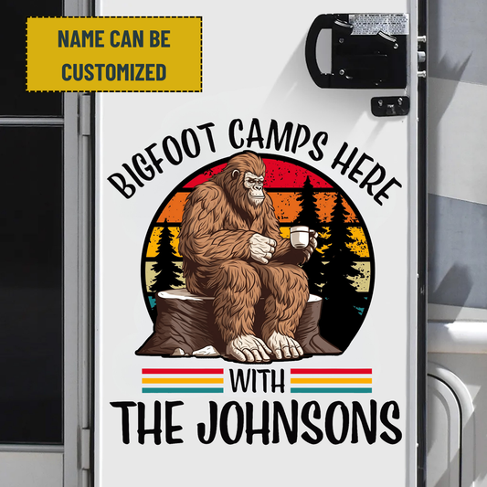 Vintage Bigfoot Camps Here - Personalized Family Name Bigfoot Decal