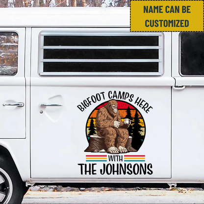 Vintage Bigfoot Camps Here - Personalized Family Name Bigfoot Decal