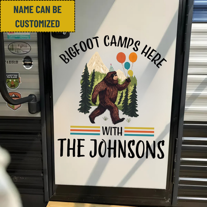 Vintage Bigfoot Camps Here Happy Birthday - Personalized Family Name Bigfoot Decol Decal