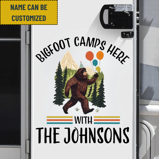 Vintage Bigfoot Camps Here Happy Birthday - Personalized Family Name Bigfoot Decol Decal