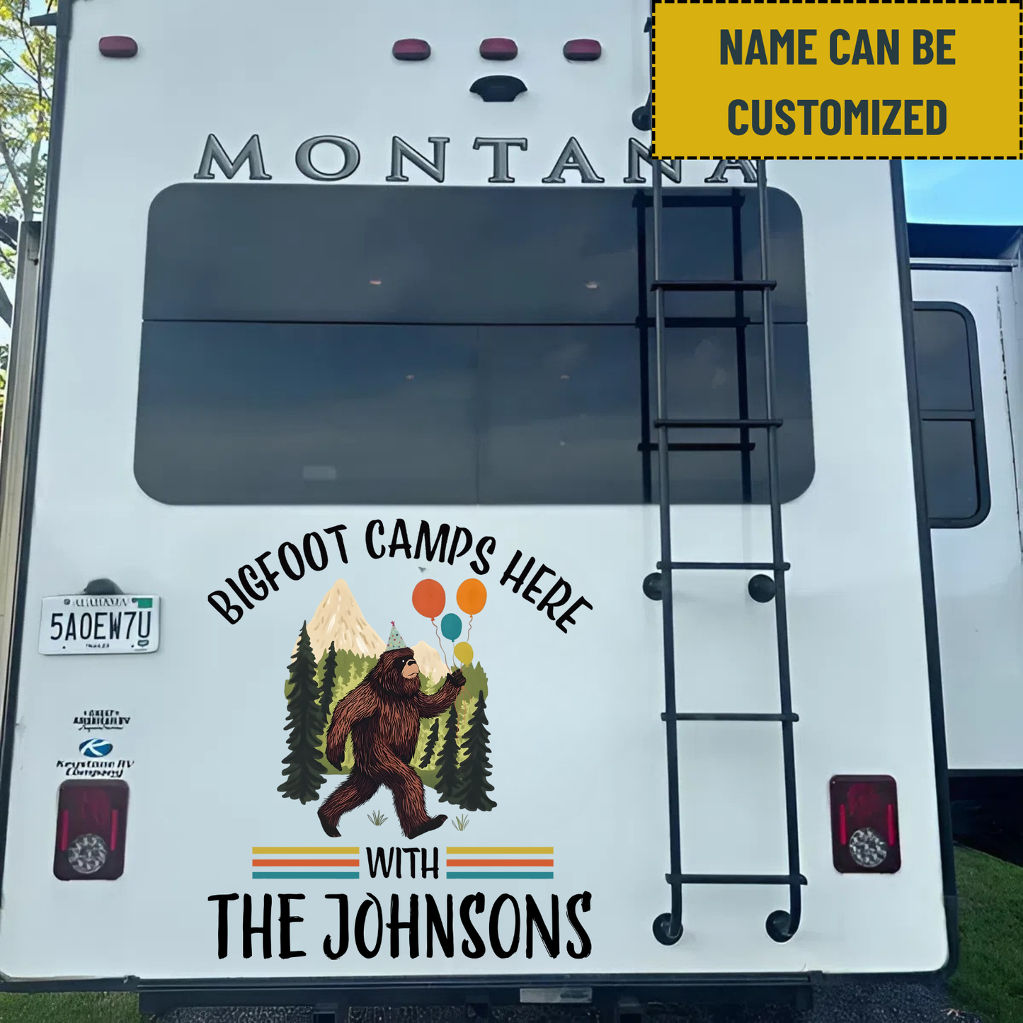 Vintage Bigfoot Camps Here Happy Birthday - Personalized Family Name Bigfoot Decol Decal