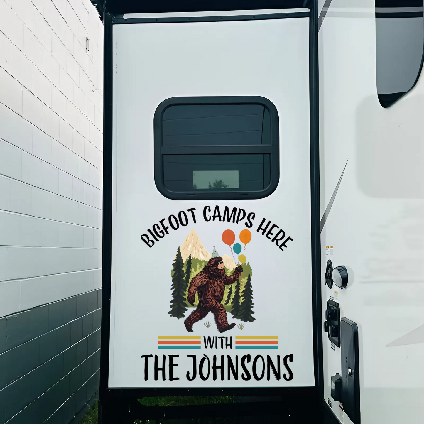 Vintage Bigfoot Camps Here Happy Birthday - Personalized Family Name Bigfoot Decol Decal