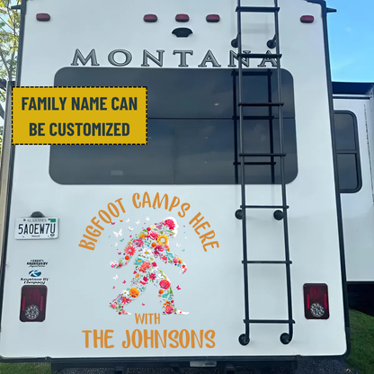Bigfoot Camping Decal - Personalized Family Name Bigfoot Decal, RV Decal, Happy Camper