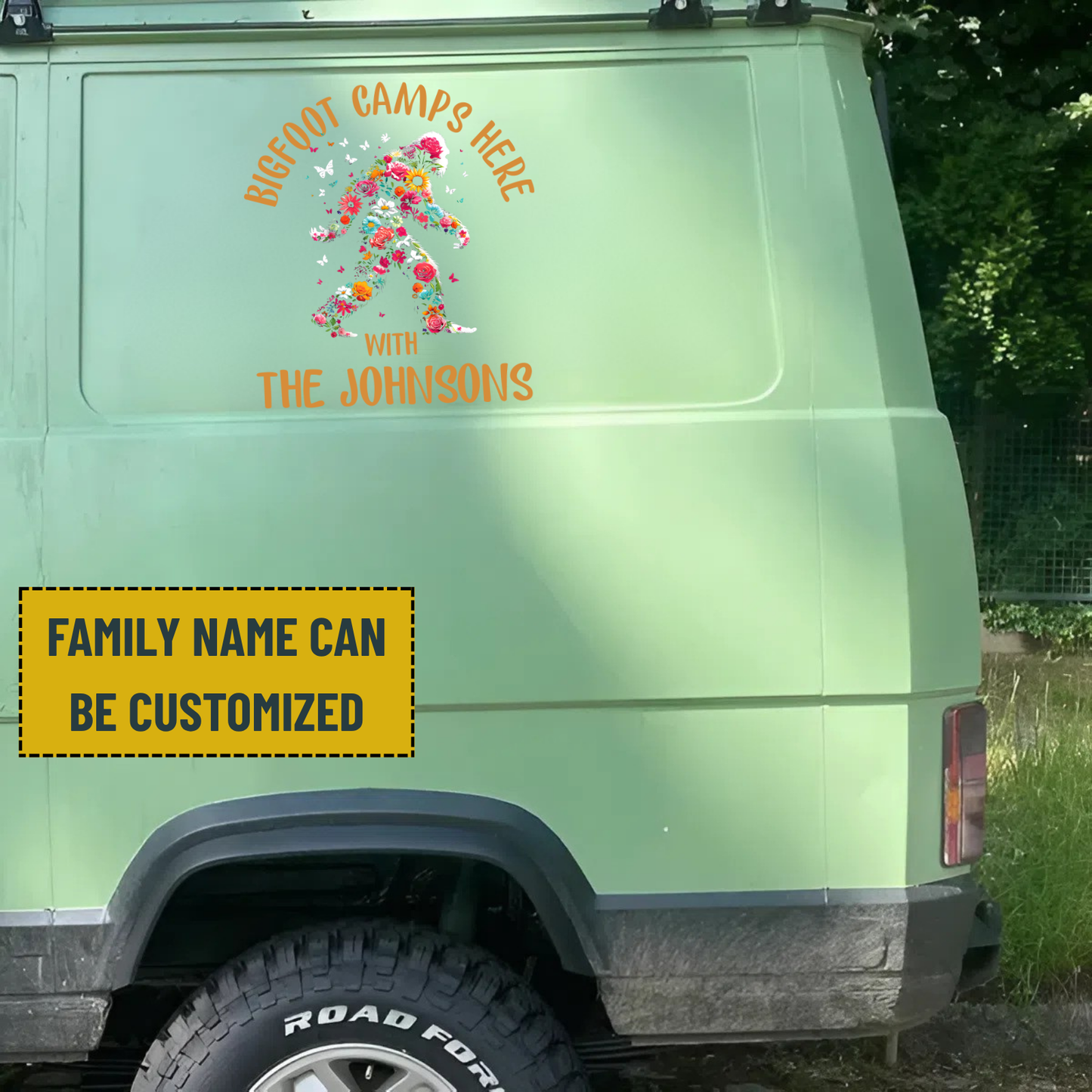 Bigfoot Camping Decal - Personalized Family Name Bigfoot Decal, RV Decal, Happy Camper