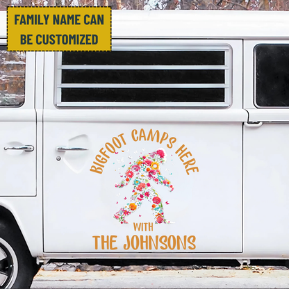 Bigfoot Camping Decal - Personalized Family Name Bigfoot Decal, RV Decal, Happy Camper