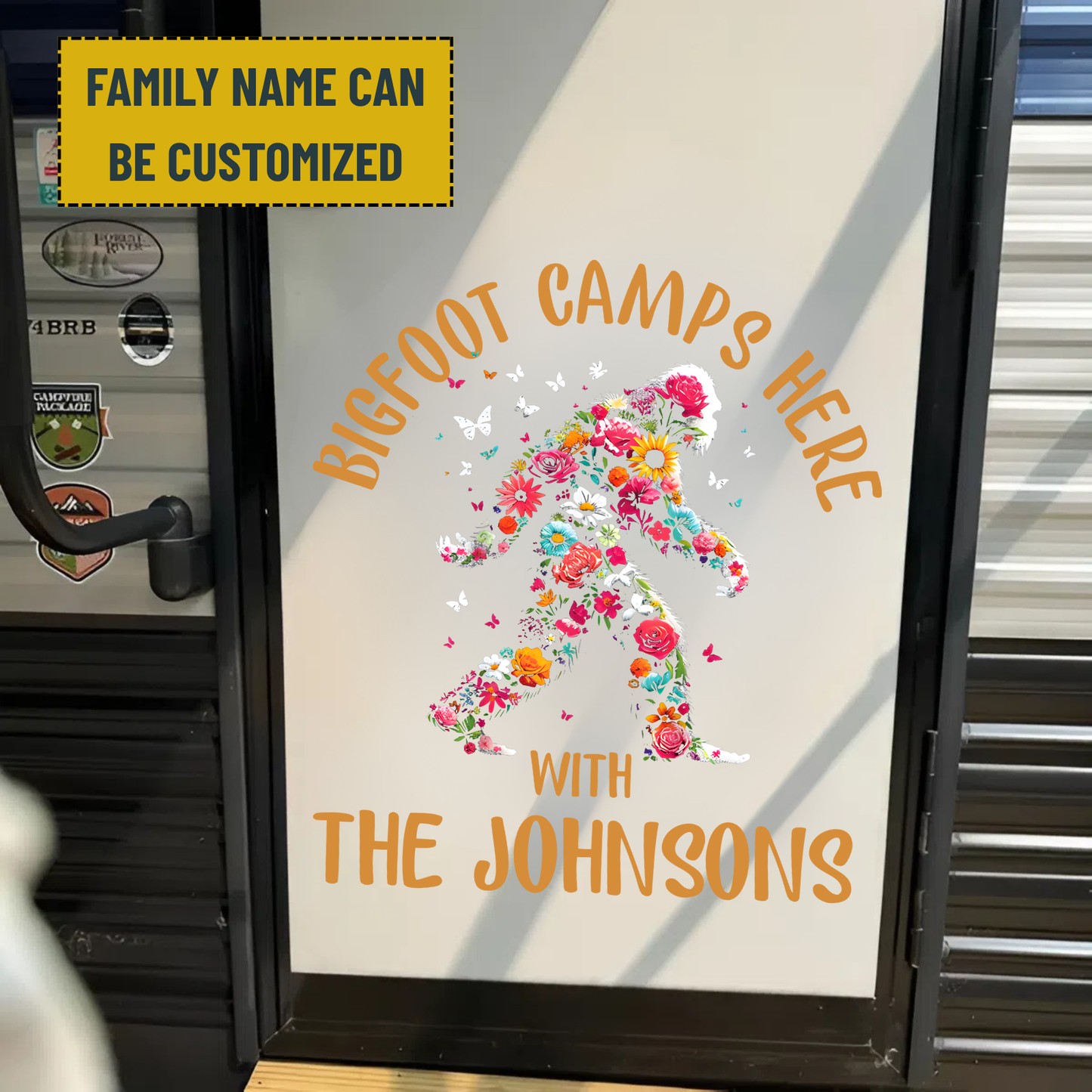 Bigfoot Camping Decal - Personalized Family Name Bigfoot Decal, RV Decal, Happy Camper