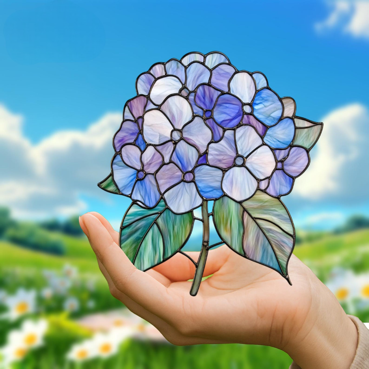 Hydrangea Suncatcher - Personalized Shape Stained Glass Suncatcher