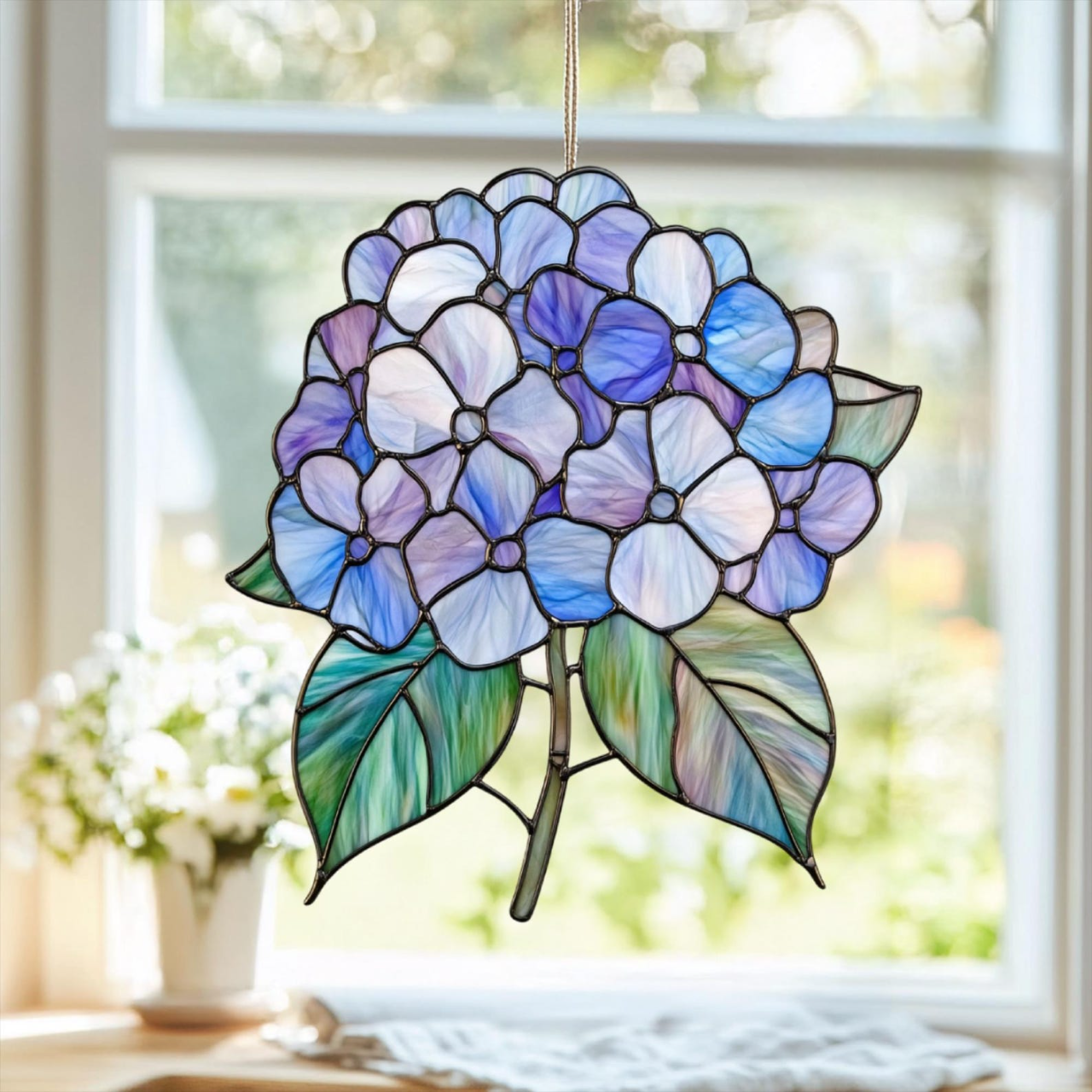 Hydrangea Suncatcher - Personalized Shape Stained Glass Suncatcher