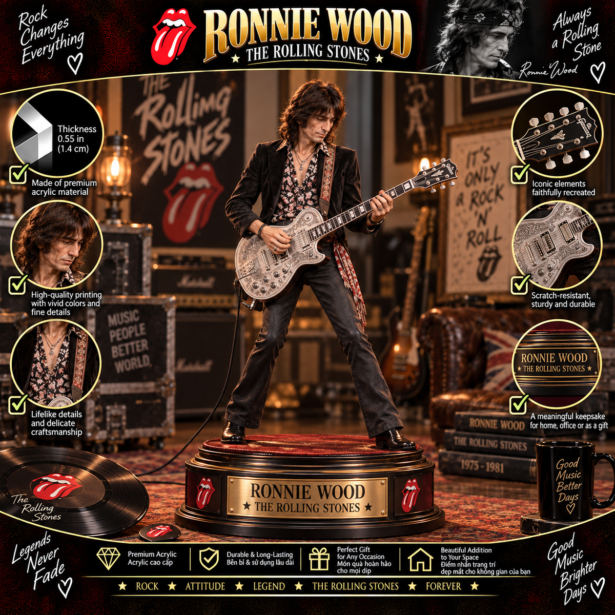 Ronnie Wood The Rolling Stones – Collectible Acrylic Plaque Table Decor