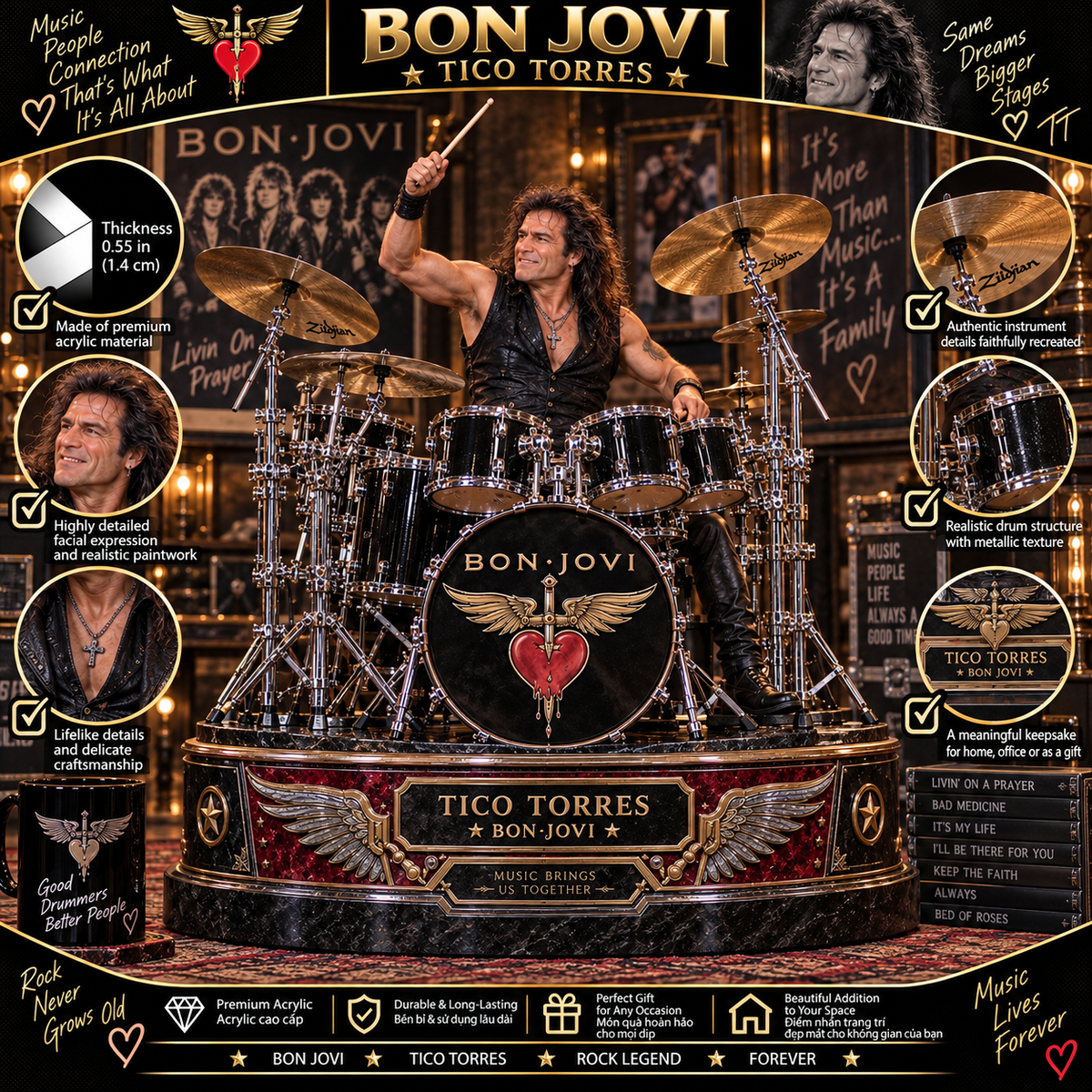Tico Torres Drummer Legend – Bon Jovi – Collectible Acrylic Plaque Table Decor
