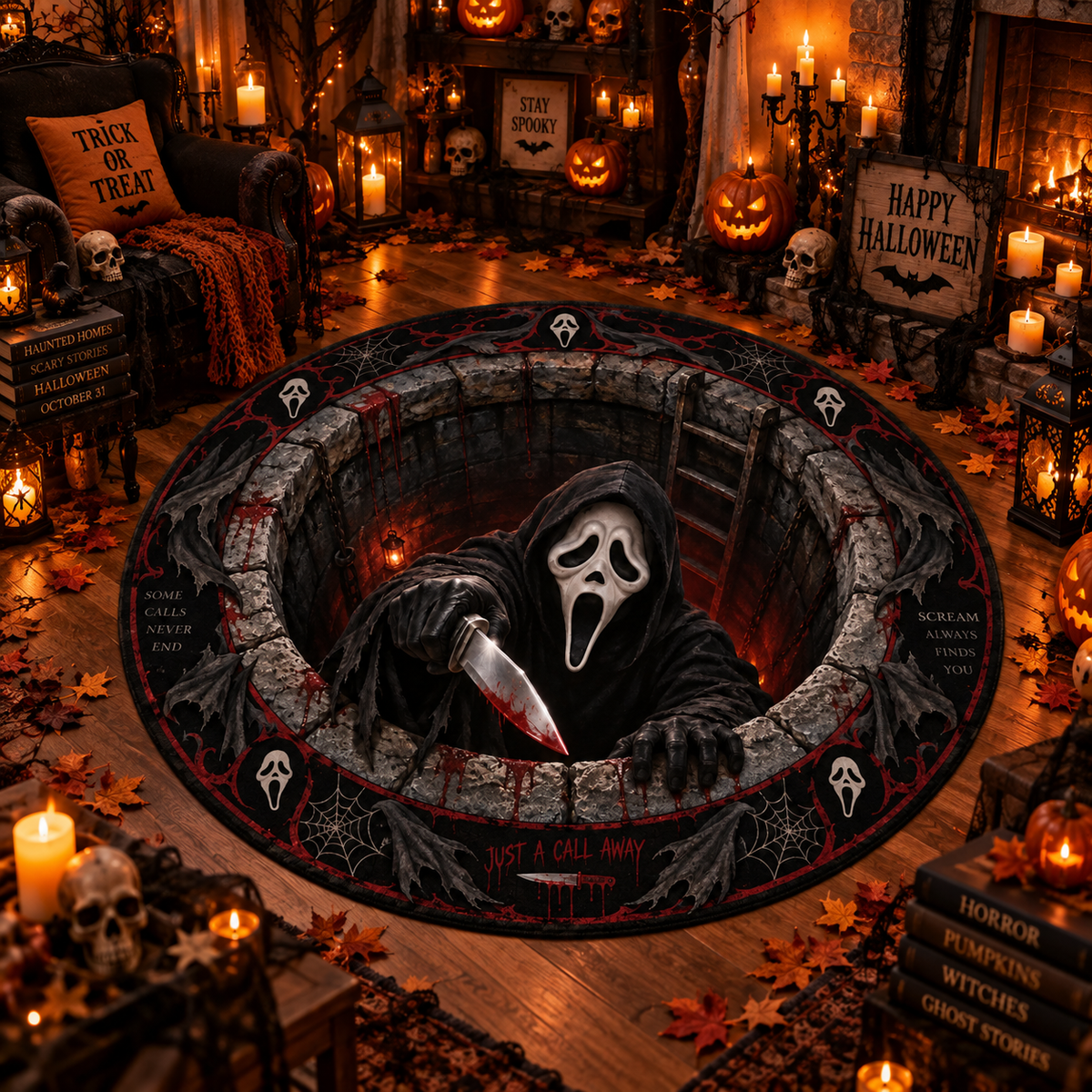 Ghostface Coming for You Round Mat – Scary Halloween Horror Rug