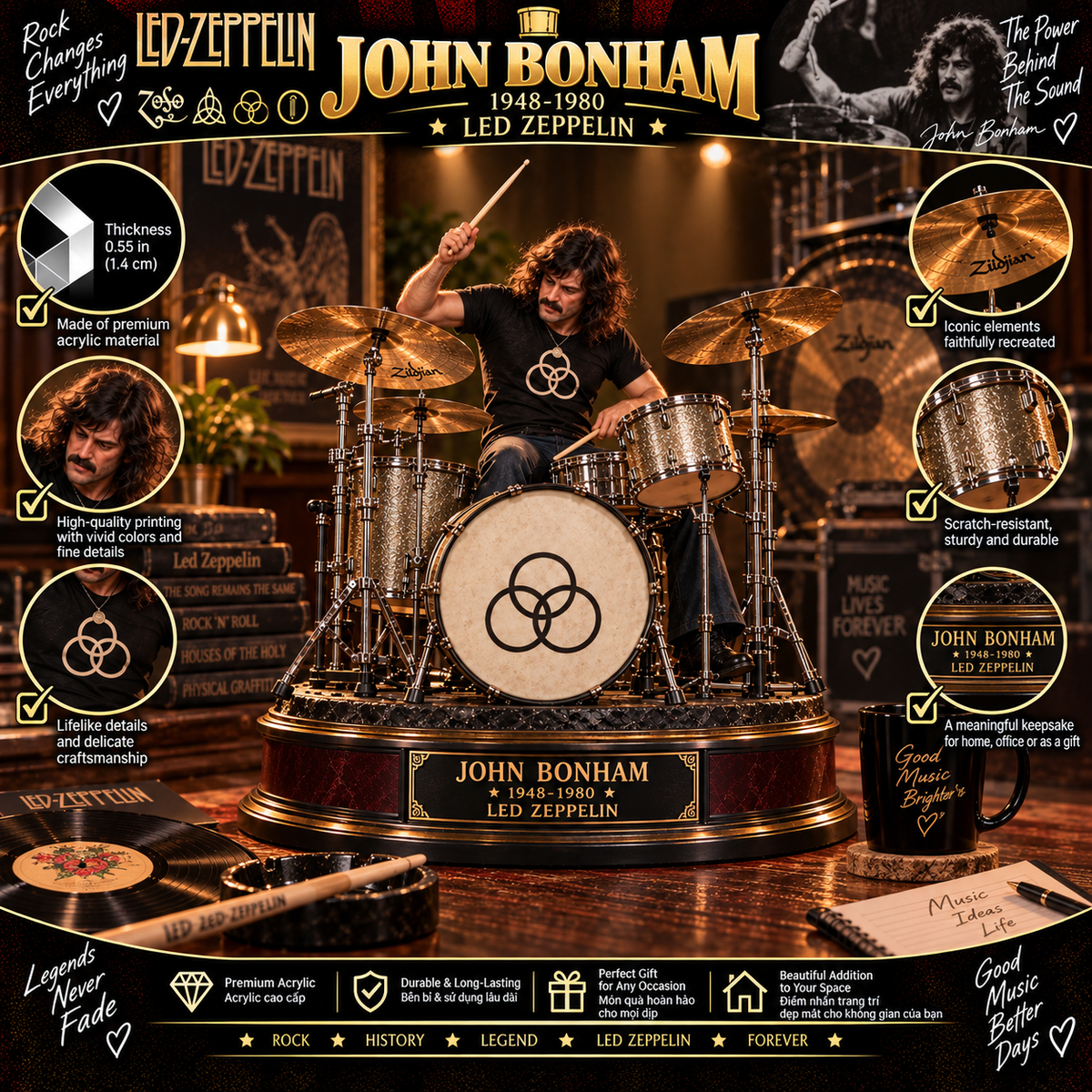 John Bonham Led Zeppelin – Collectible Acrylic Plaque Table Decor