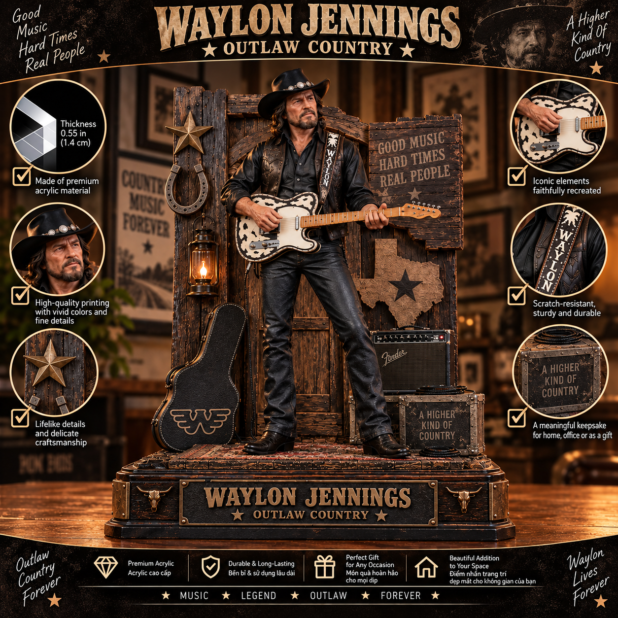 Waylon Jennings Outlaw Country – Collectible Acrylic Plaque Table Decor