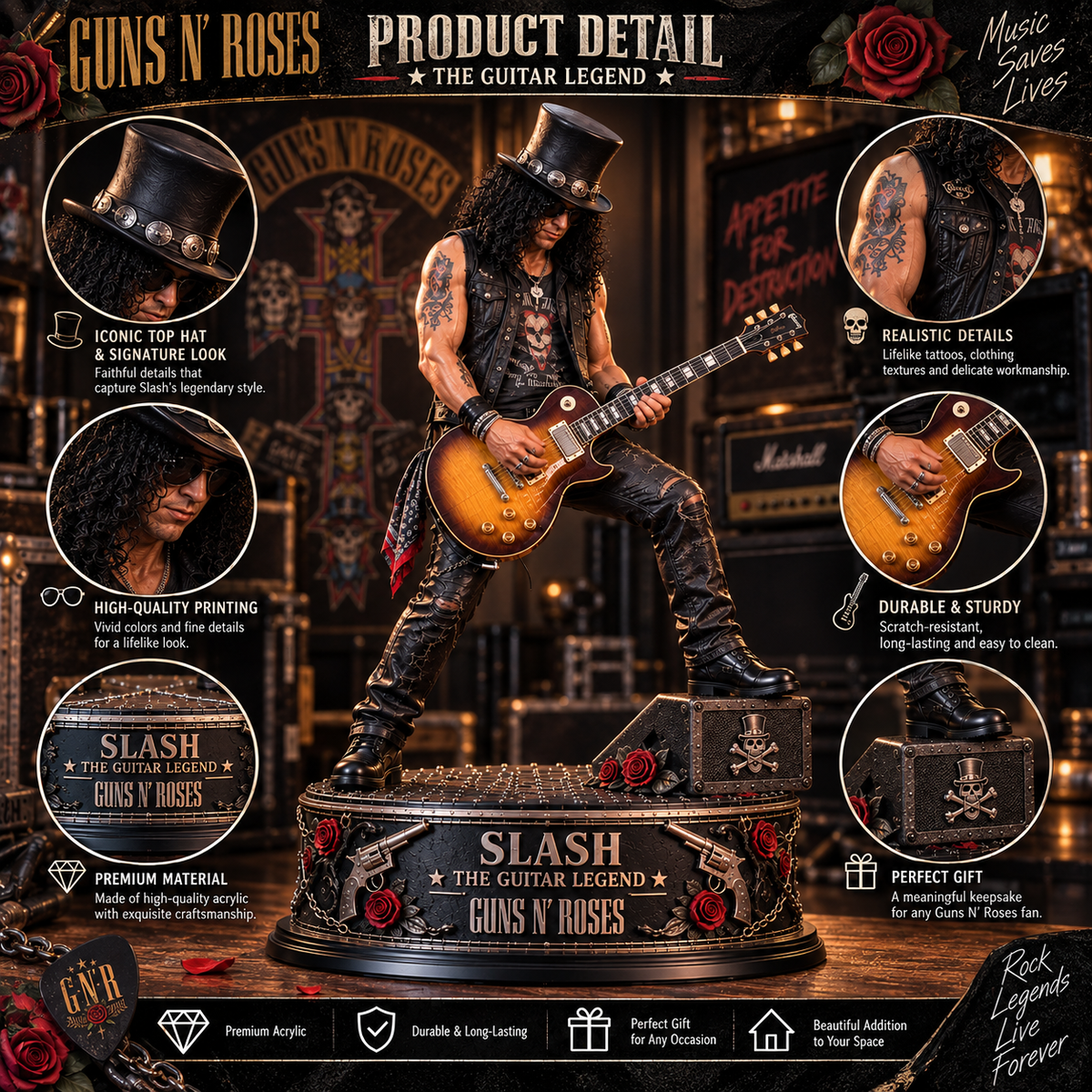 Slash The Guitar Legend – Guns N’ Roses Collectible Acrylic Plaque Table Decor