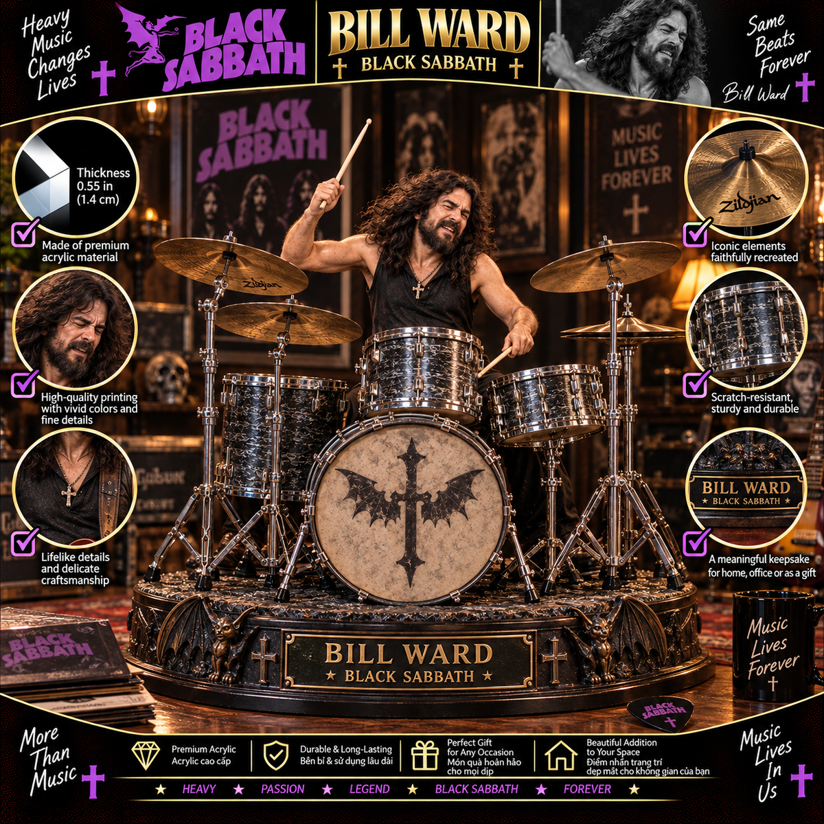 Bill Ward Black Sabbath – Collectible Acrylic Plaque Table Decor