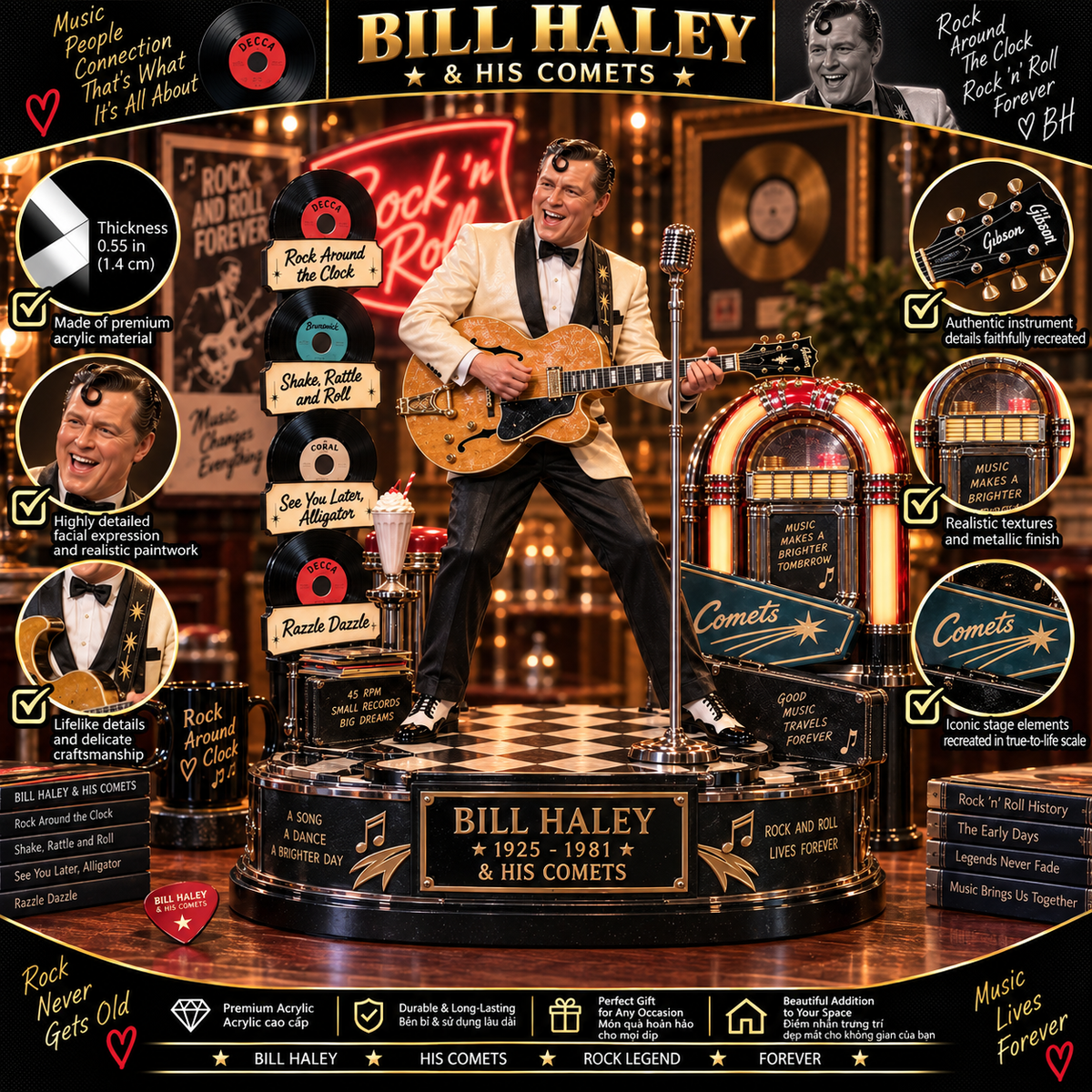 Bill Haley & His Comets – Rock Around The Clock – Collectible Acrylic Plaque Table Decor