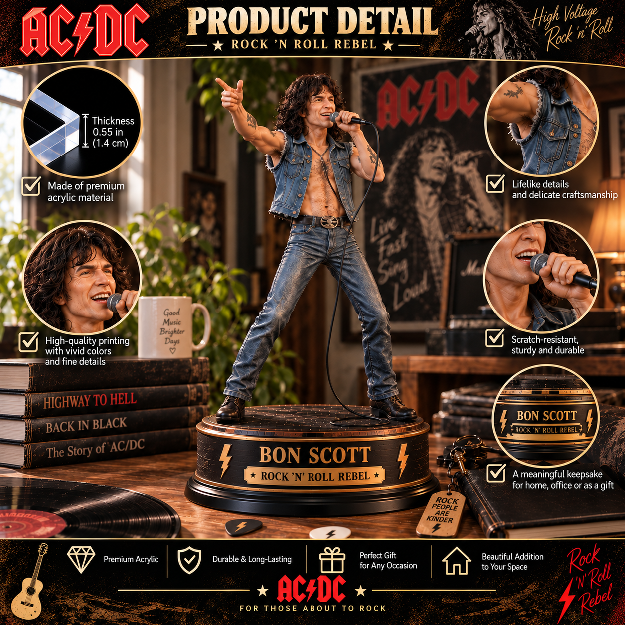Bon Scott Rock ’N’ Roll Rebel – Collectible Acrylic Plaque Table Decor
