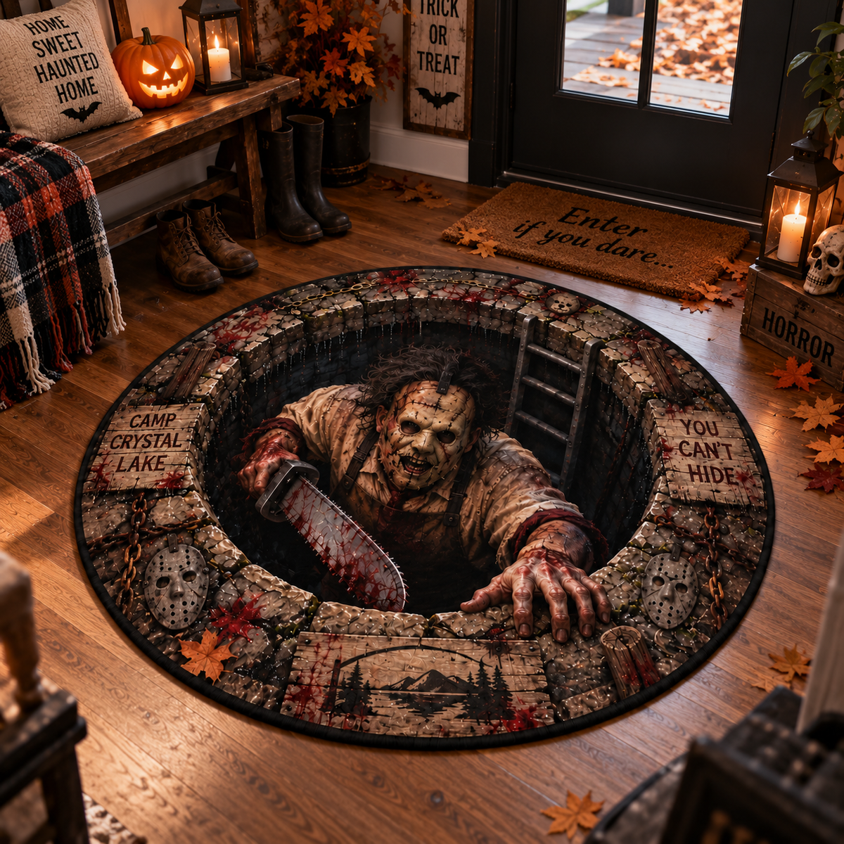 Leatherface Coming for You Round Mat – Scary Halloween Horror Rug