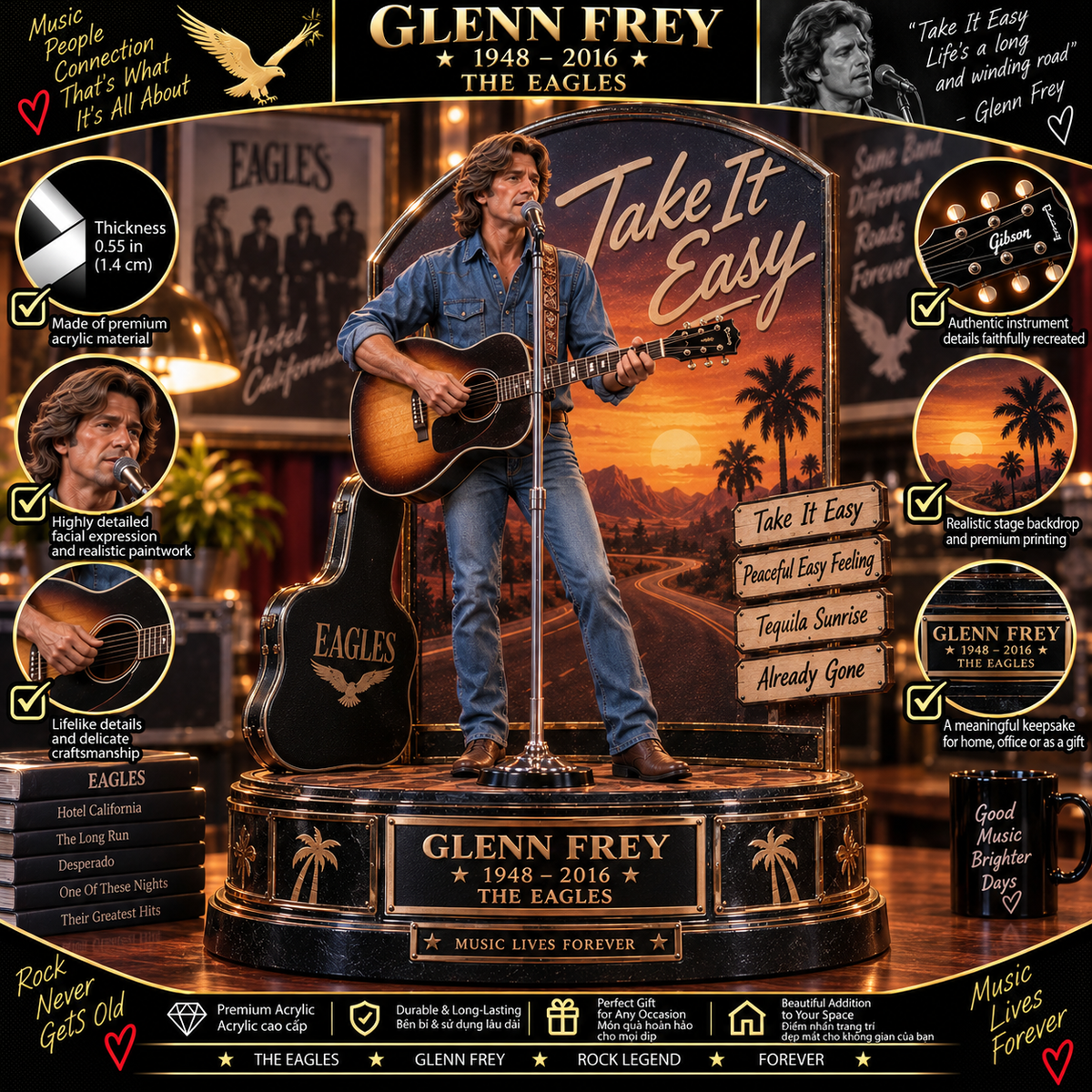 Glenn Frey Take It Easy – Eagles Collectible Acrylic Plaque Table Decor