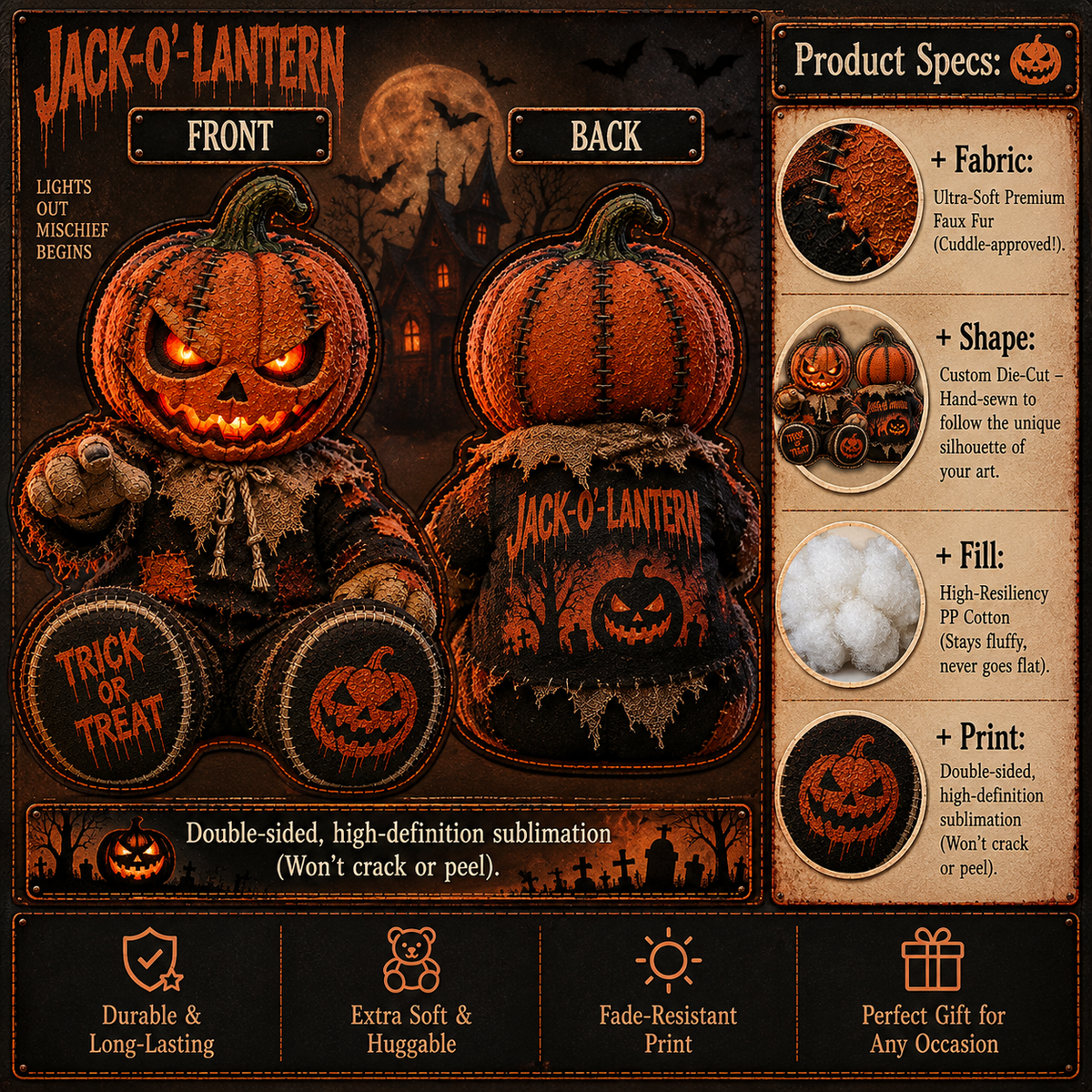 Jack O’ Lantern Pumpkin Custom Shape Pillow – Creepy Halloween Collector Gift