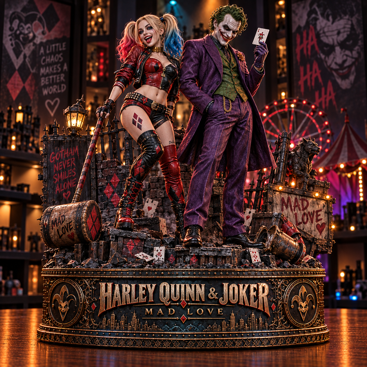 Harley Quinn & Joker Mad Love Gotham Wooden Block - Collectible Table Decor