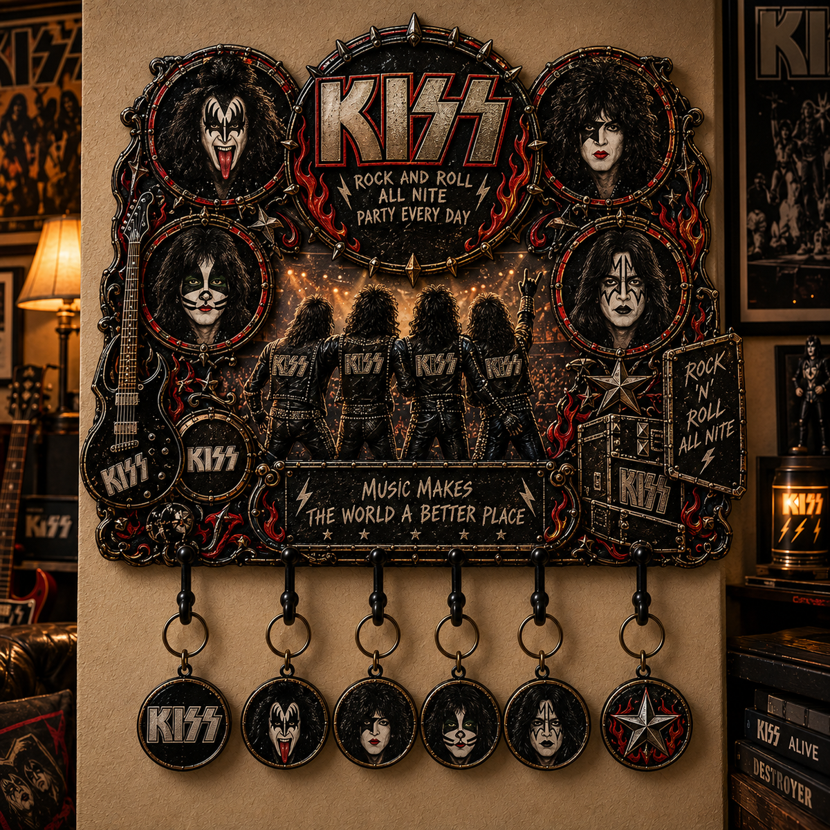 KISS Rock and Roll All Nite Vintage Rock Wall Key Holder – Music Legend Wall Key Rack