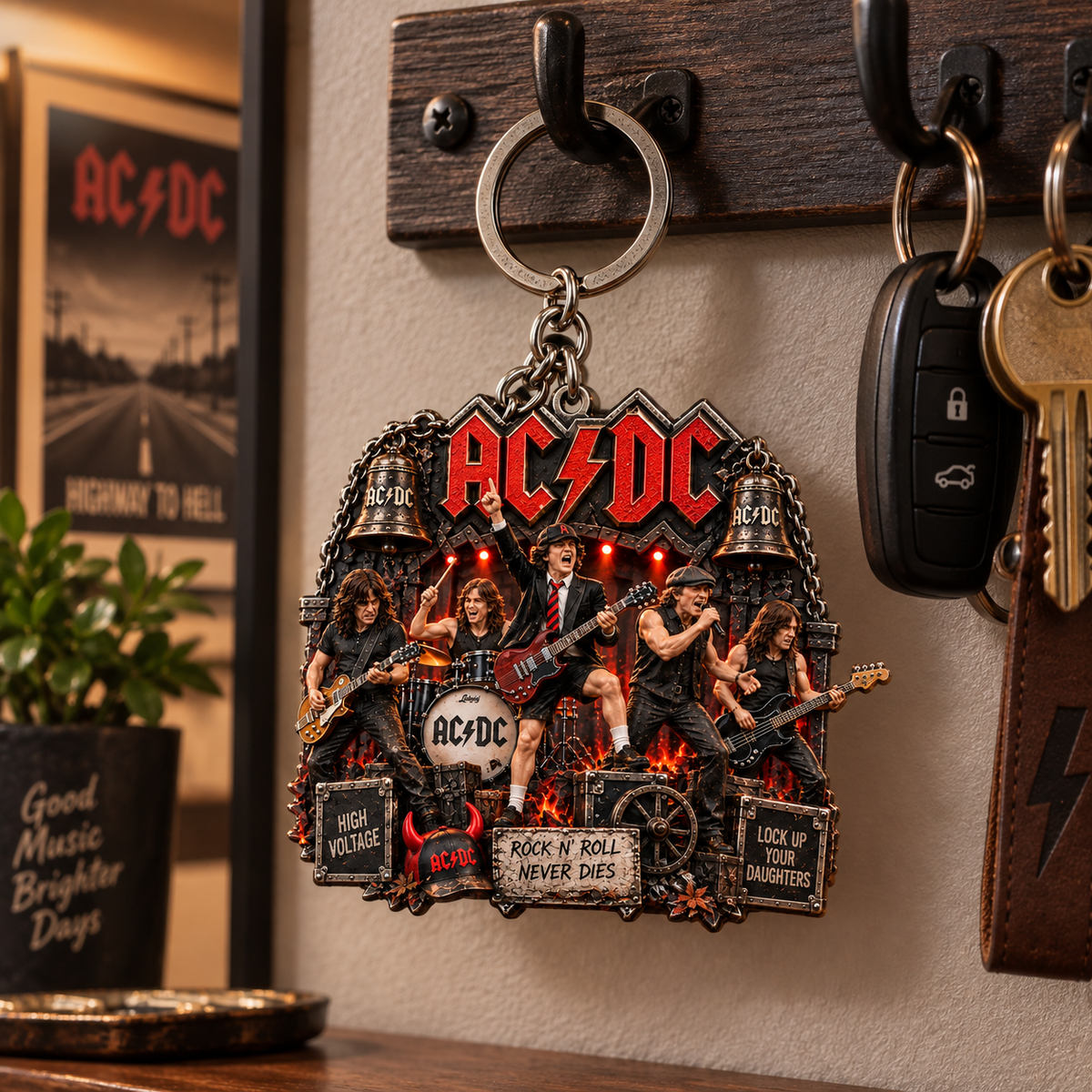 AC/DC Rock N’ Roll Never Dies Vintage Rock Band Keychain