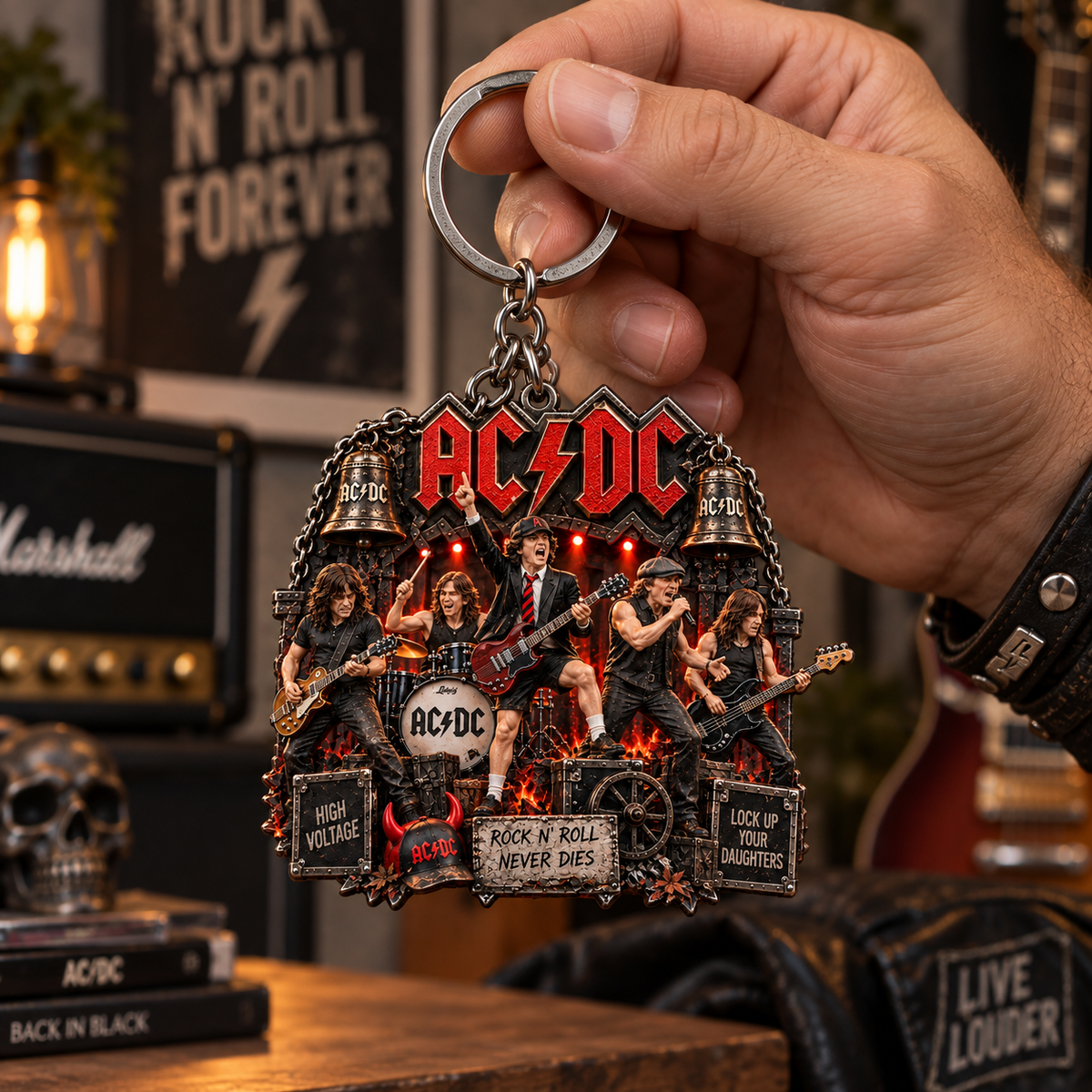 AC/DC Rock N’ Roll Never Dies Vintage Rock Band Keychain