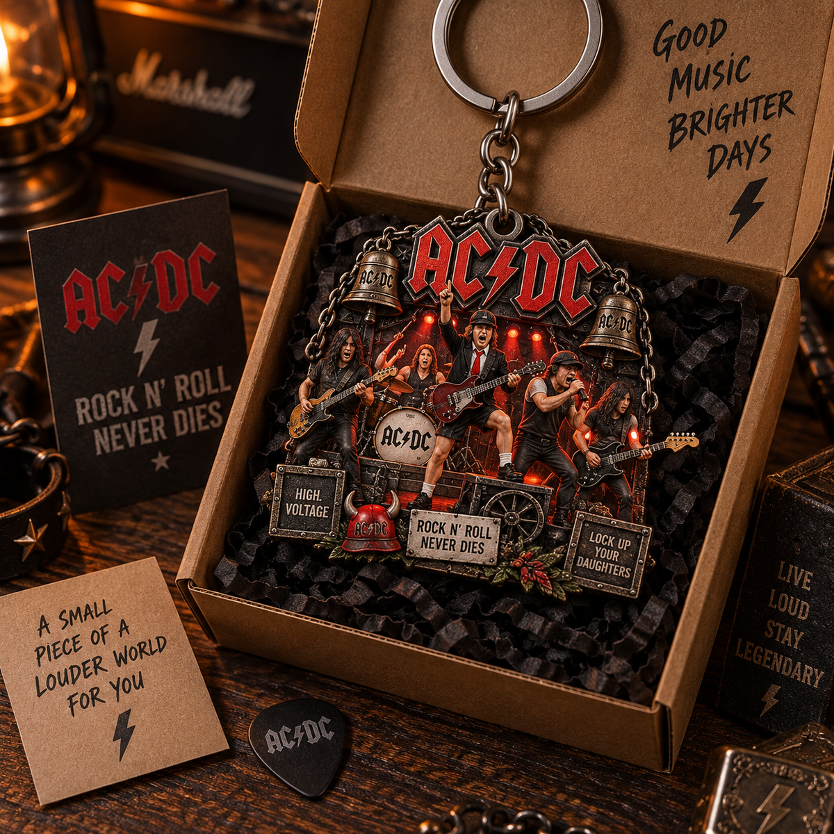 AC/DC Rock N’ Roll Never Dies Vintage Rock Band Keychain