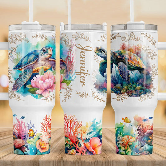 Love Turtles Custom Name - Personalized Turtle Tumbler With Handle 40oz