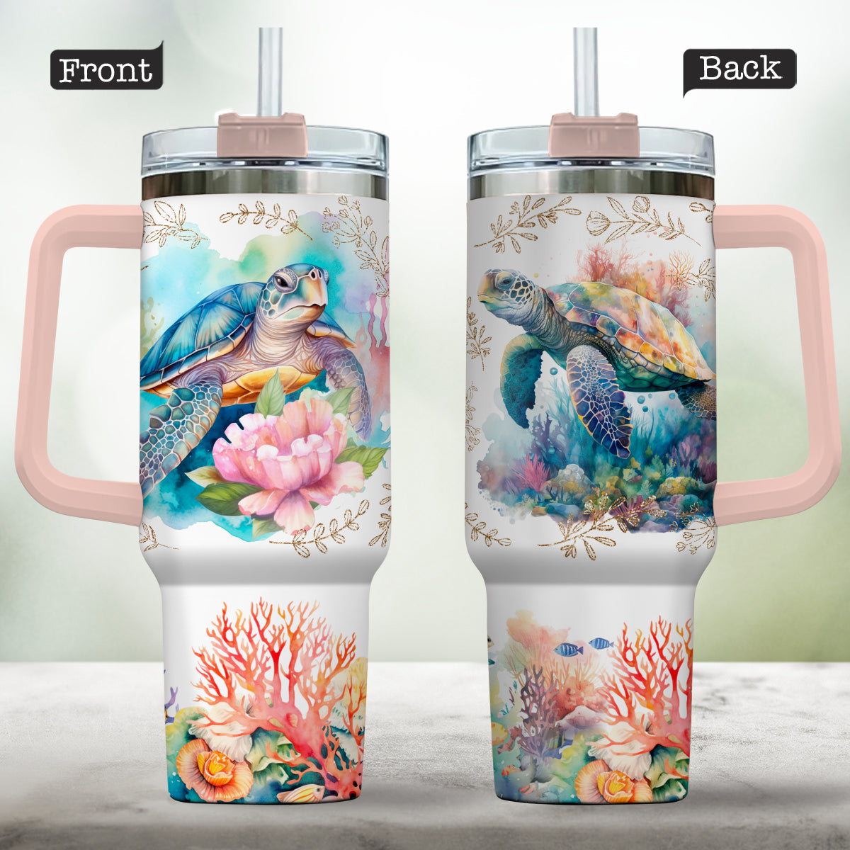 Love Turtles Custom Name - Personalized Turtle Tumbler With Handle 40oz