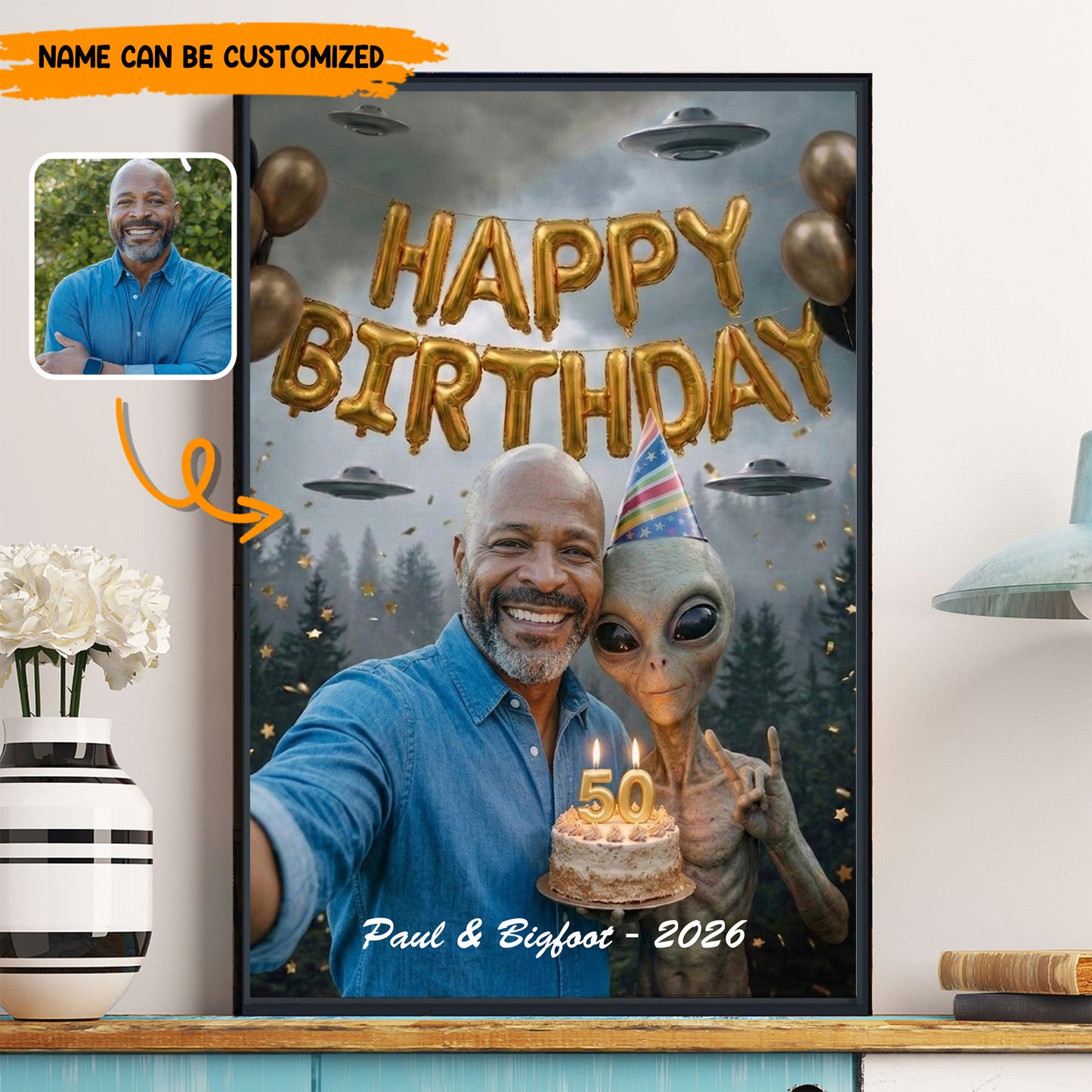 Custom Alien Birthday Poster and Canvas with Photo – Personalized UFO Theme Selfie Wall Art