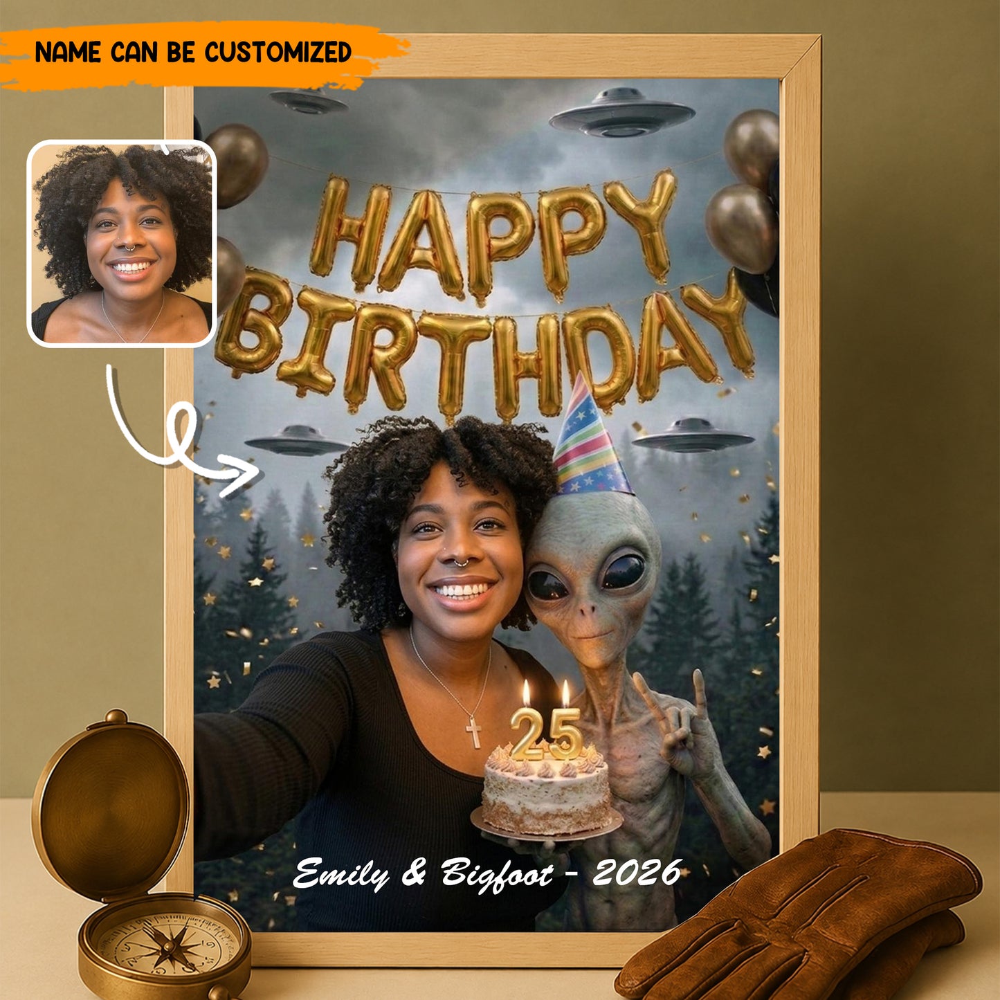 Custom Alien Birthday Poster and Canvas with Photo – Personalized UFO Theme Selfie Wall Art