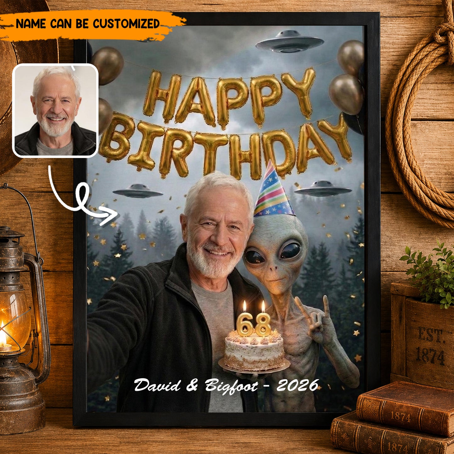 Custom Alien Birthday Poster and Canvas with Photo – Personalized UFO Theme Selfie Wall Art