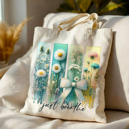 “Just Breathe” Floral Canvas Tote Bag